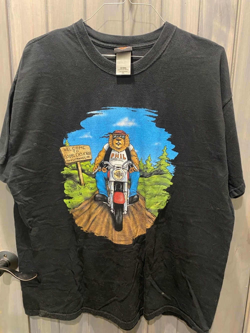 Harley-Davidson Black Tee with Colorful Motorcycle groundhog rider.